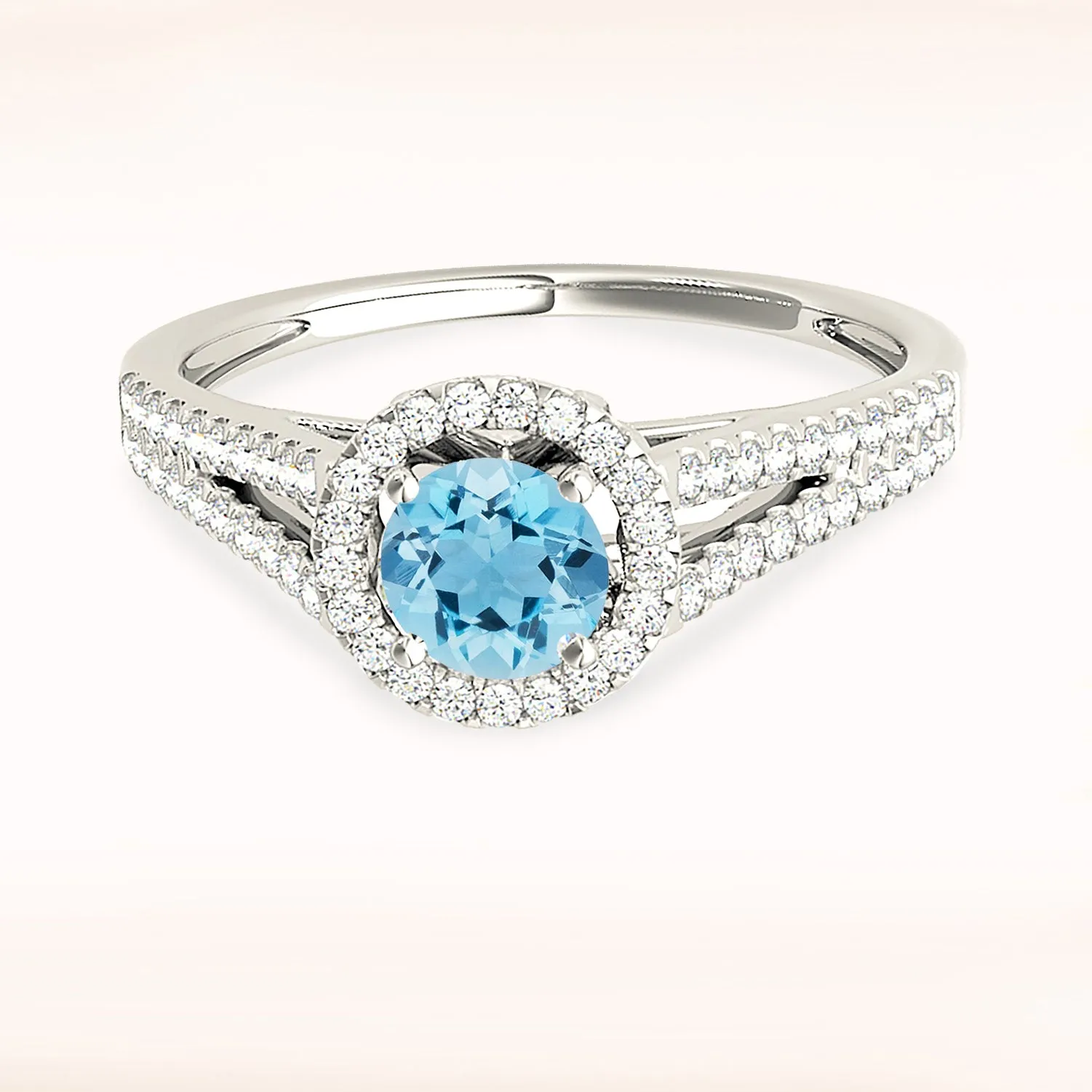 1.00 ct. Genuine Aquamarine Ring With Halo And V Shape Split Diamond band