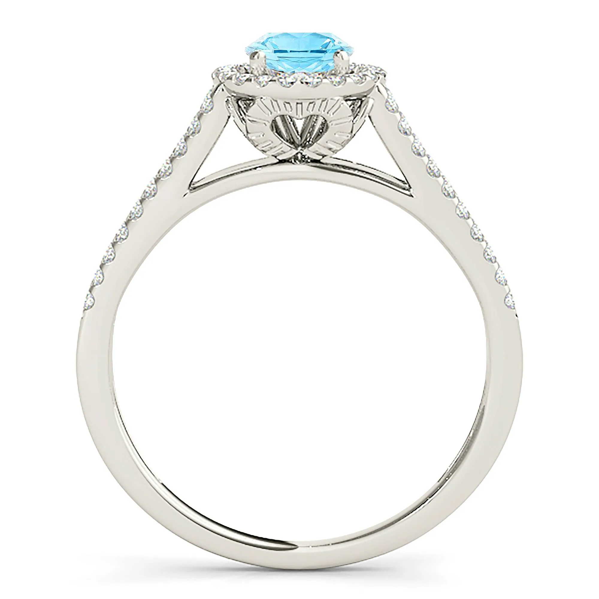 1.00 ct. Genuine Aquamarine Ring With Halo And V Shape Split Diamond band