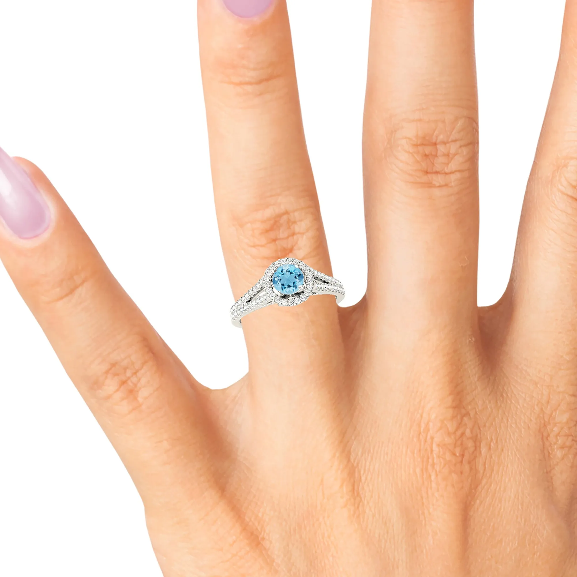 1.00 ct. Genuine Aquamarine Ring With Halo And V Shape Split Diamond band