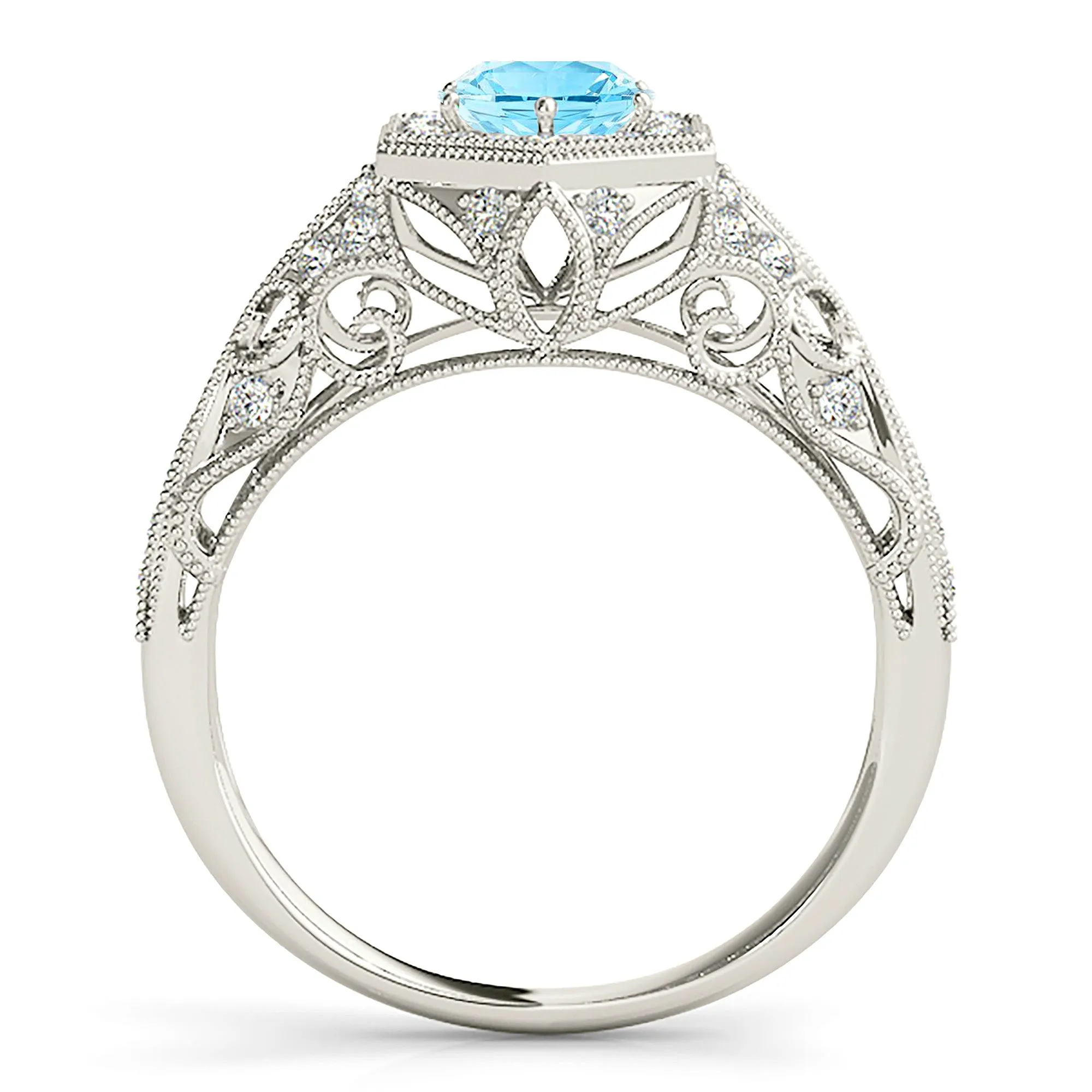 1.10 ct. Genuine Aquamarine Ring With Milgrain Halo,  Diamond Fancy Band