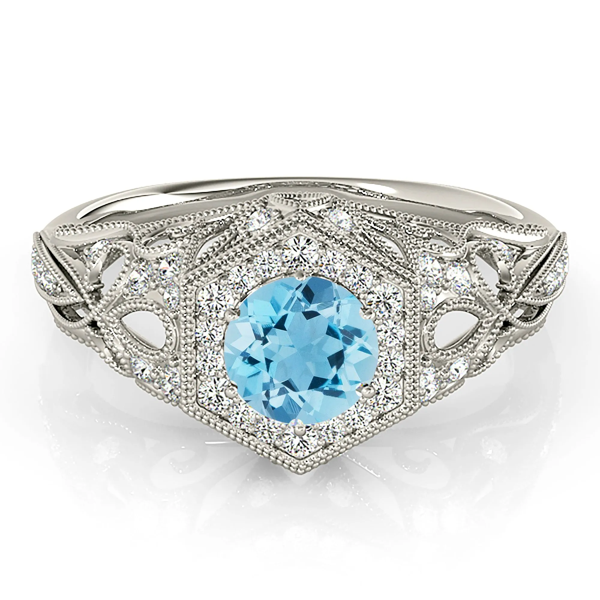 1.10 ct. Genuine Aquamarine Ring With Milgrain Halo,  Diamond Fancy Band