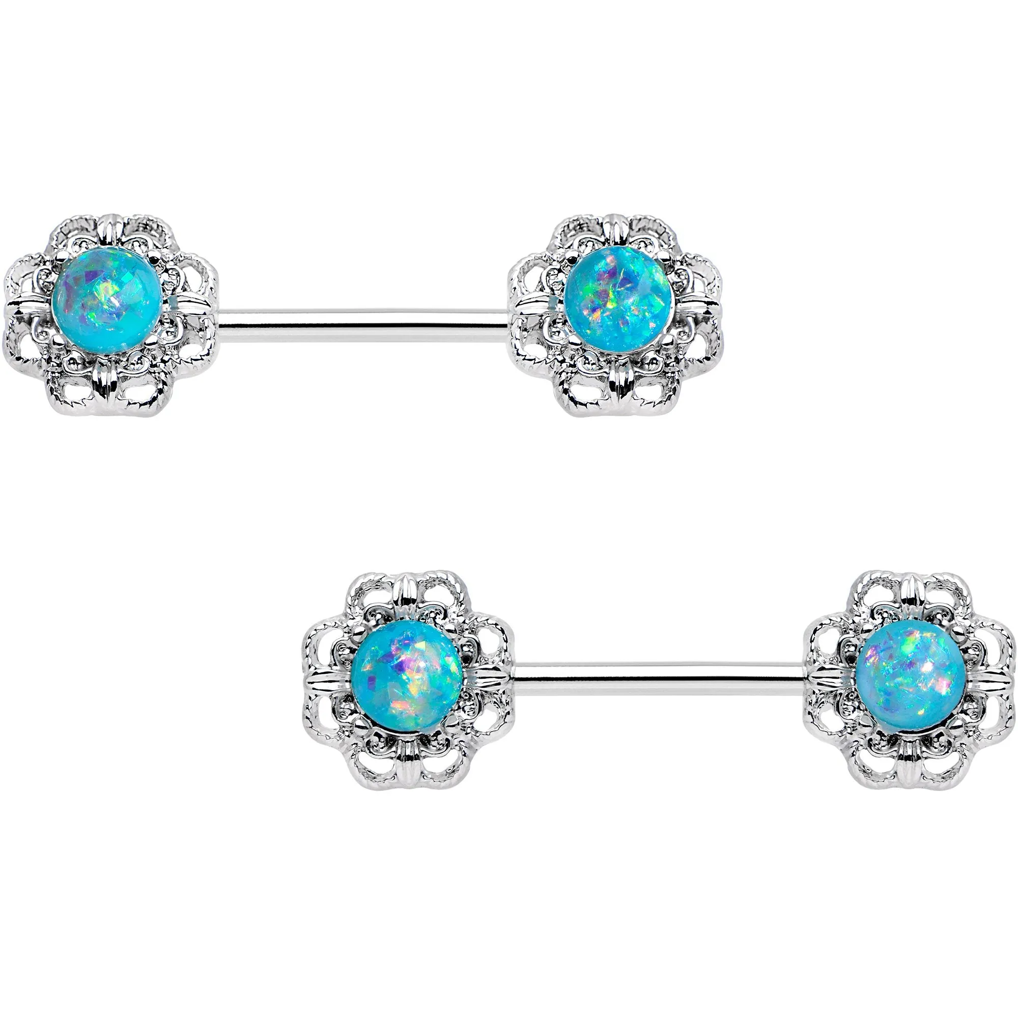 14 Gauge 9/16 Blue Faux Opal Filigree Frame Barbell Nipple Ring Set