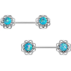 14 Gauge 9/16 Blue Faux Opal Filigree Frame Barbell Nipple Ring Set