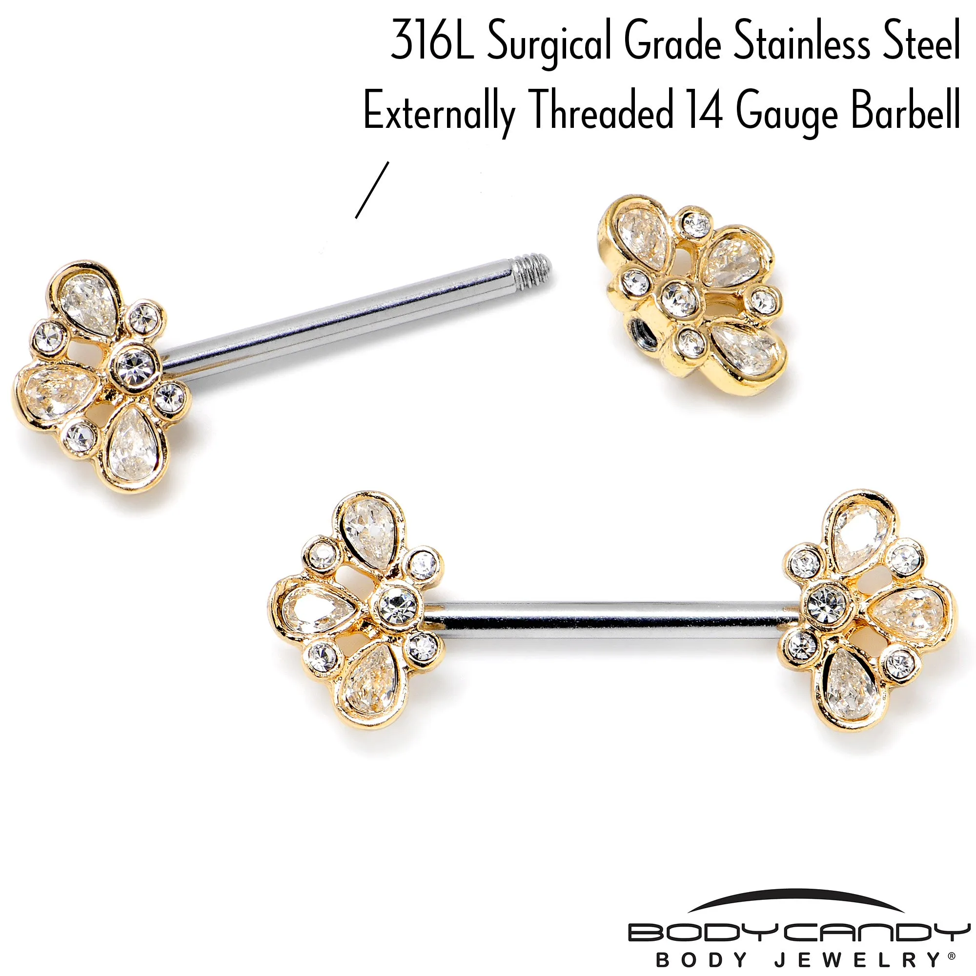 14 Gauge 9/16 Clear Gem Golden Crown Deluxe Barbell Nipple Ring Set