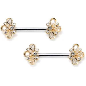 14 Gauge 9/16 Clear Gem Golden Crown Deluxe Barbell Nipple Ring Set
