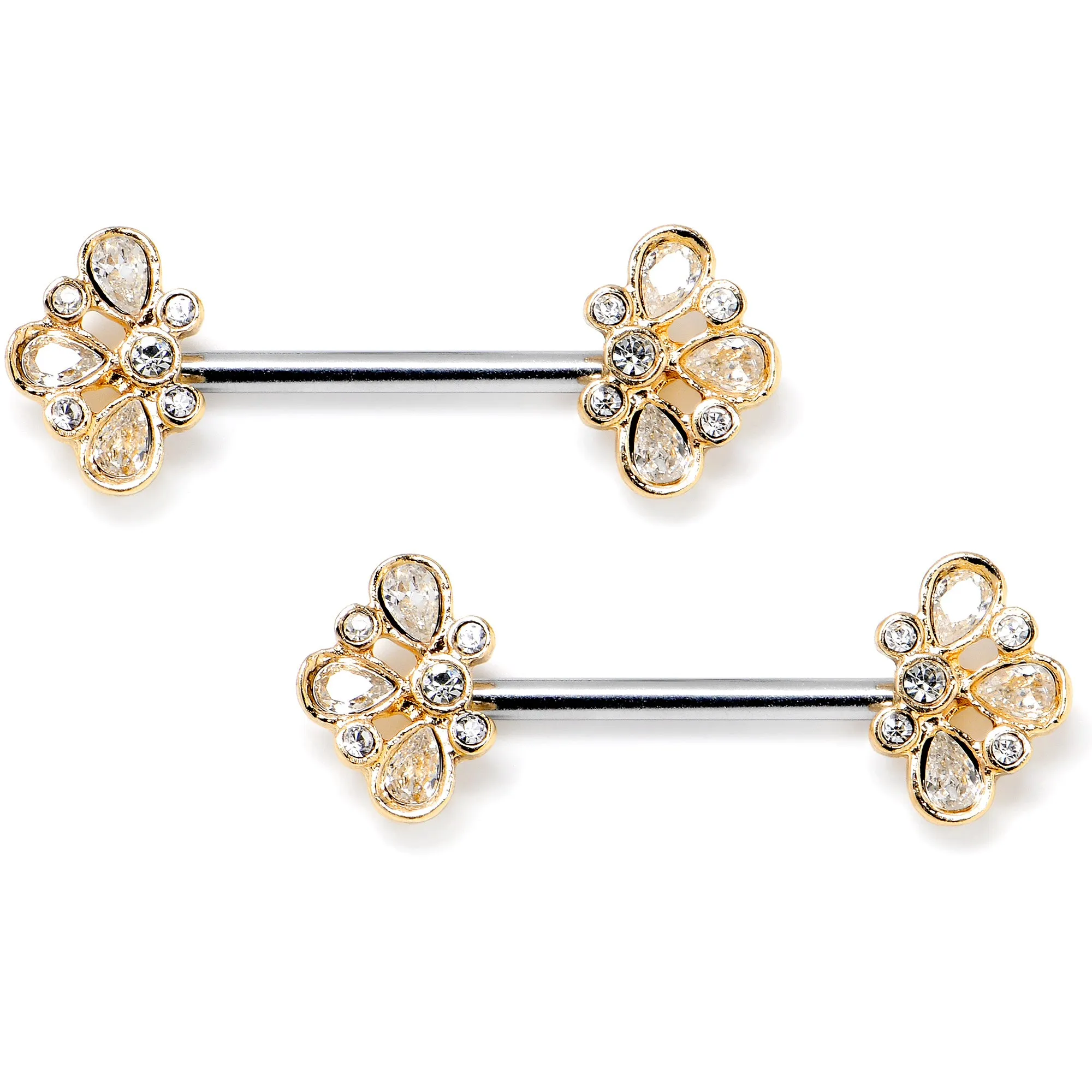 14 Gauge 9/16 Clear Gem Golden Crown Deluxe Barbell Nipple Ring Set