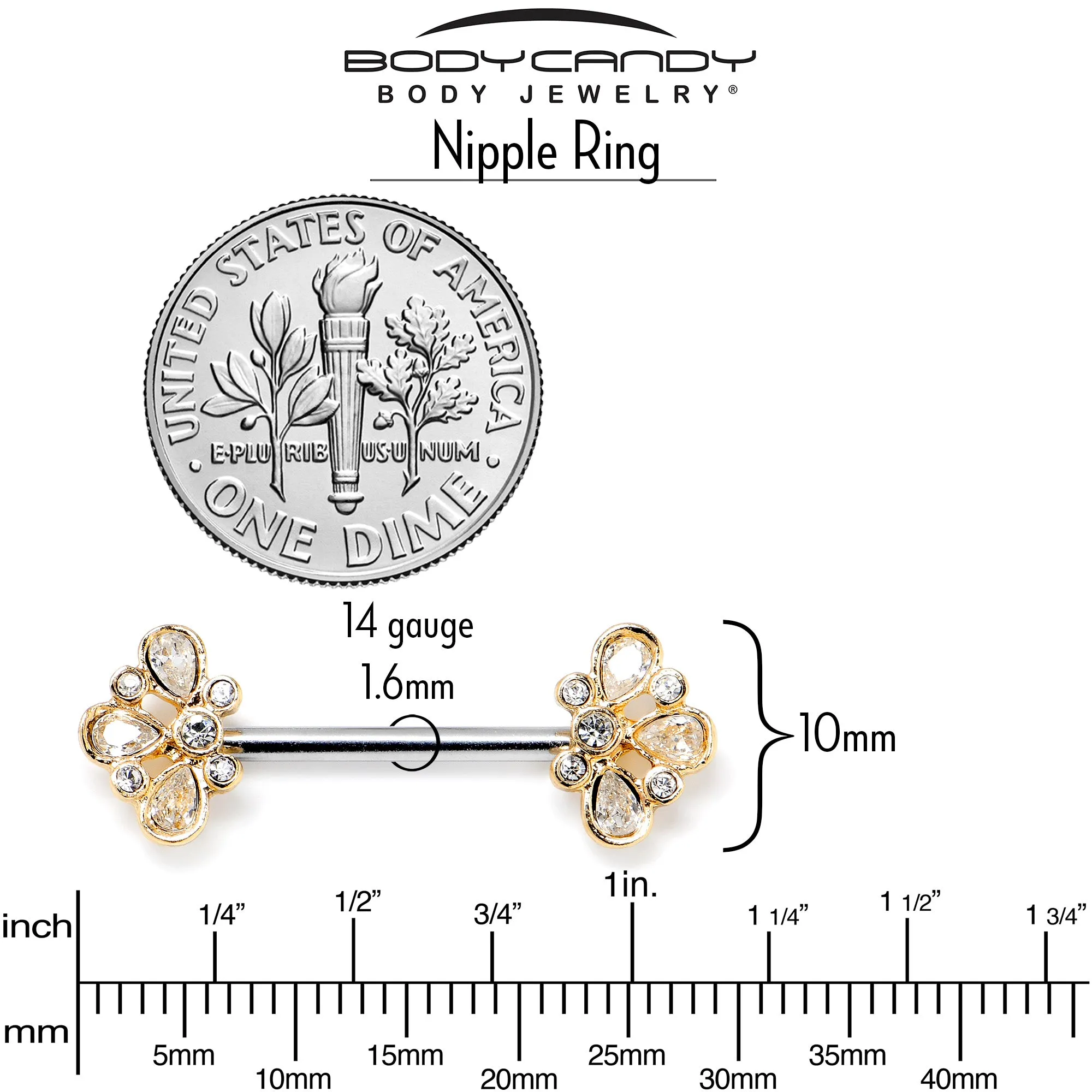 14 Gauge 9/16 Clear Gem Golden Crown Deluxe Barbell Nipple Ring Set