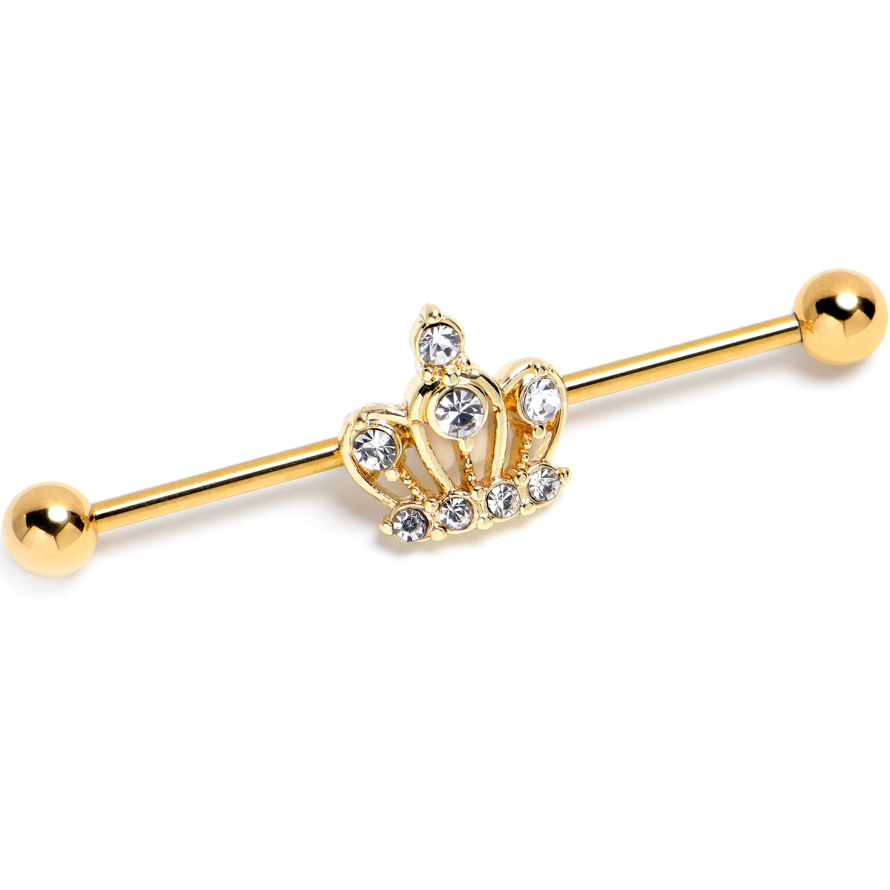 14 Gauge Clear CZ Gem Gold Tone Epic Crown Industrial Barbell 38mm