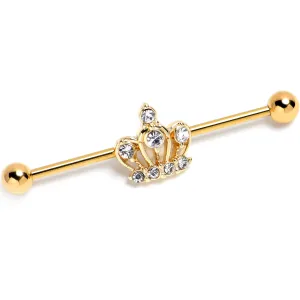 14 Gauge Clear CZ Gem Gold Tone Epic Crown Industrial Barbell 38mm