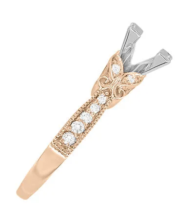 14 Karat Rose Gold Art Deco Filigree Twin Butterflies 3/4 Carat Princess Cut Diamond Semimount Engagement Ring