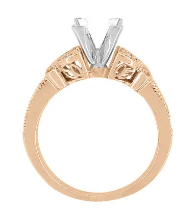 14 Karat Rose Gold Art Deco Filigree Twin Butterflies 3/4 Carat Princess Cut Diamond Semimount Engagement Ring