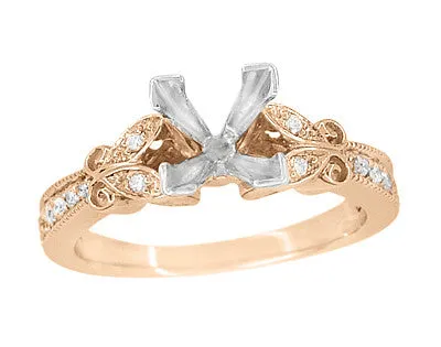 14 Karat Rose Gold Art Deco Filigree Twin Butterflies 3/4 Carat Princess Cut Diamond Semimount Engagement Ring