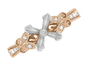 14 Karat Rose Gold Art Deco Filigree Twin Butterflies 3/4 Carat Princess Cut Diamond Semimount Engagement Ring