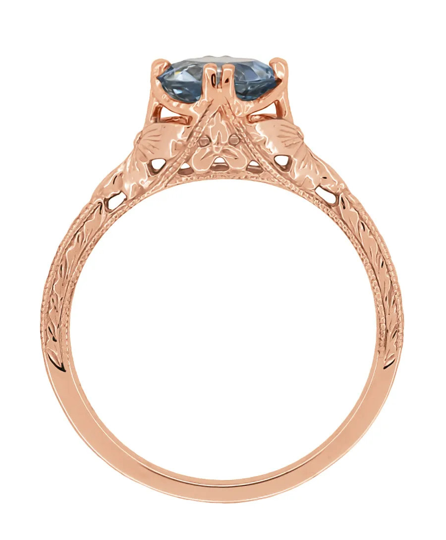14K Rose Gold Art Deco Filigree Flowers and Wheat Engraved Solitaire Aquamarine Engagement Ring