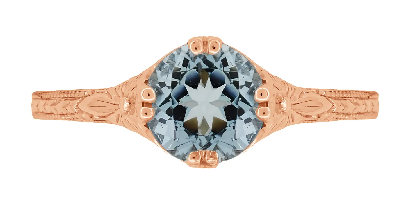 14K Rose Gold Art Deco Filigree Flowers and Wheat Engraved Solitaire Aquamarine Engagement Ring