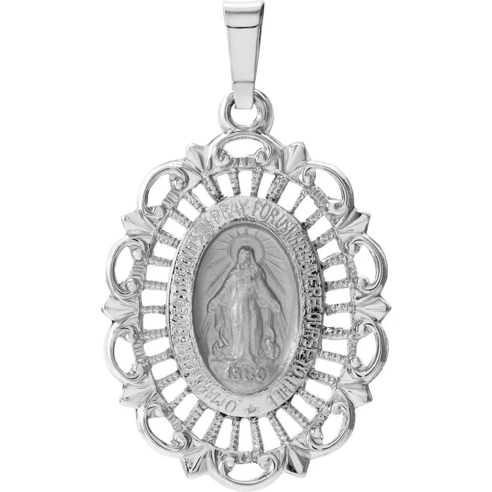 14k White Gold 22x15.5mm Oval Filigree Miraculous Medal