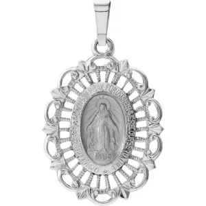 14k White Gold 22x15.5mm Oval Filigree Miraculous Medal