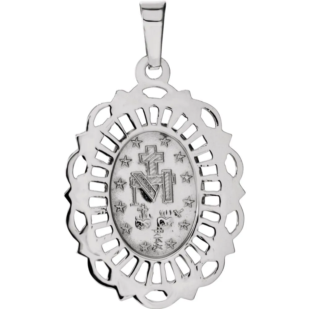14k White Gold 22x15.5mm Oval Filigree Miraculous Medal