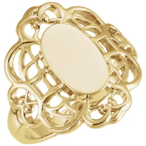 14k Yellow Gold Filigree Signet Ring, Size 6