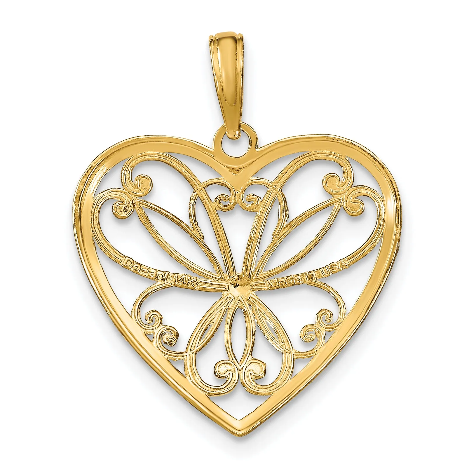 14k Yellow Gold Rhodium Filigree Design Heart Pendant