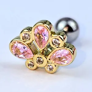 16 Gauge 1/4 Pink Gem Golden Crown Deluxe Cartilage Tragus Earring
