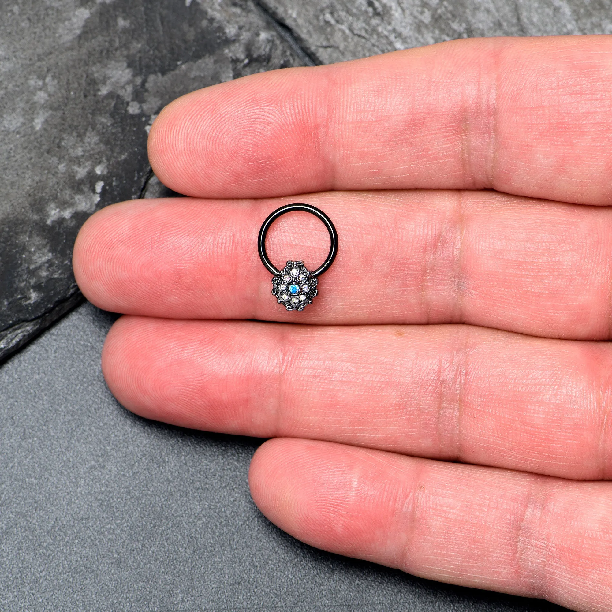 16 Gauge 3/8 Blue Aurora Gem Black Night Blossom BCR Captive Ring