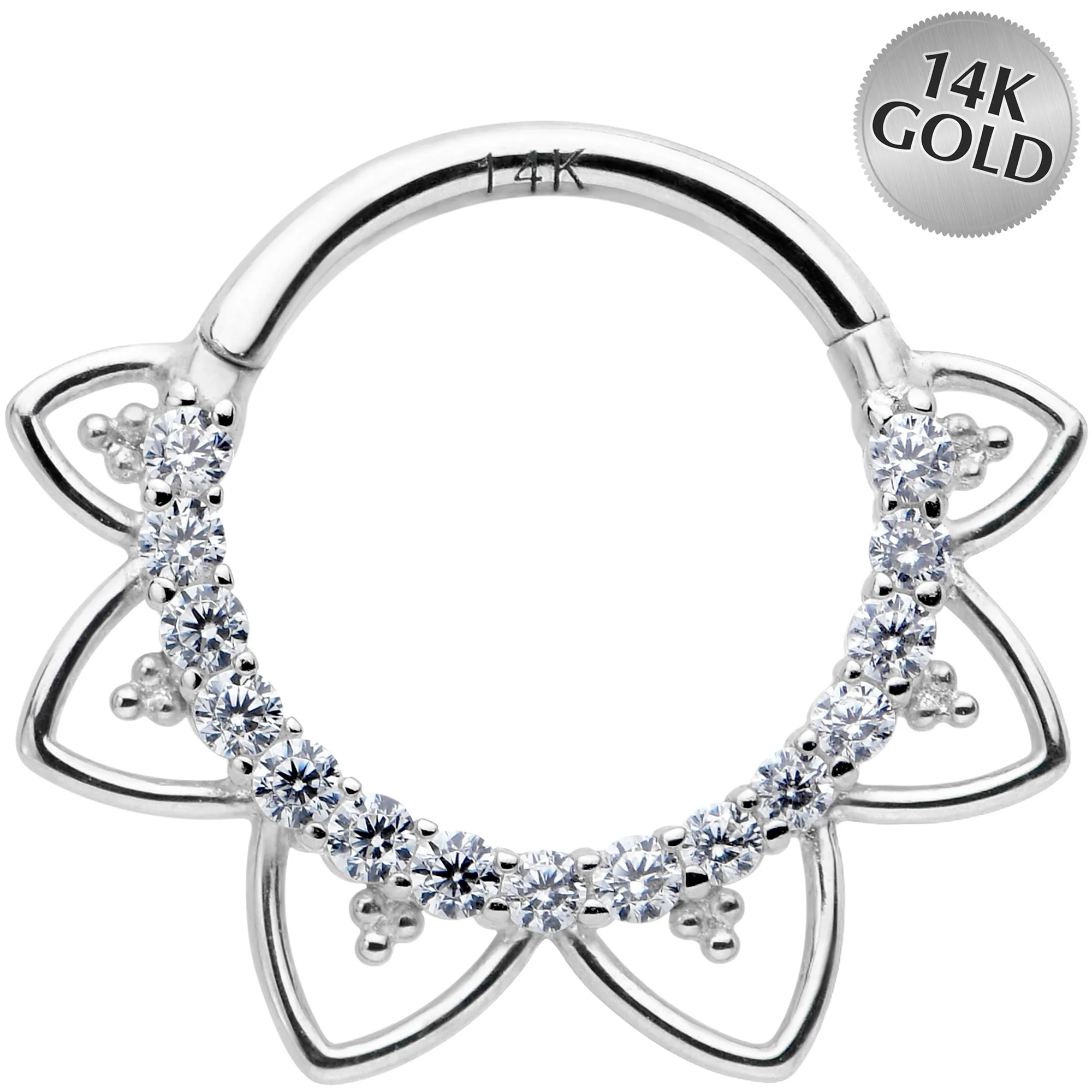 16 Gauge 3/8 Clear CZ Gem 14kt White Gold Filigree Hinged Segment Ring