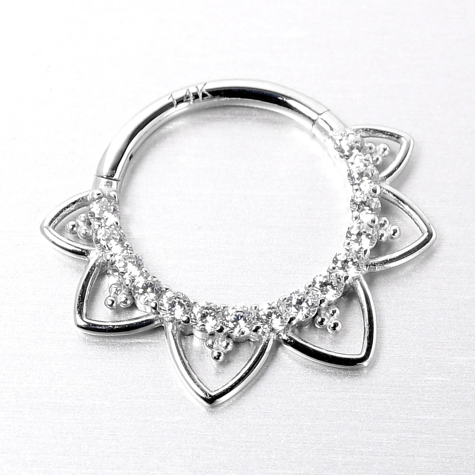 16 Gauge 3/8 Clear CZ Gem 14kt White Gold Filigree Hinged Segment Ring
