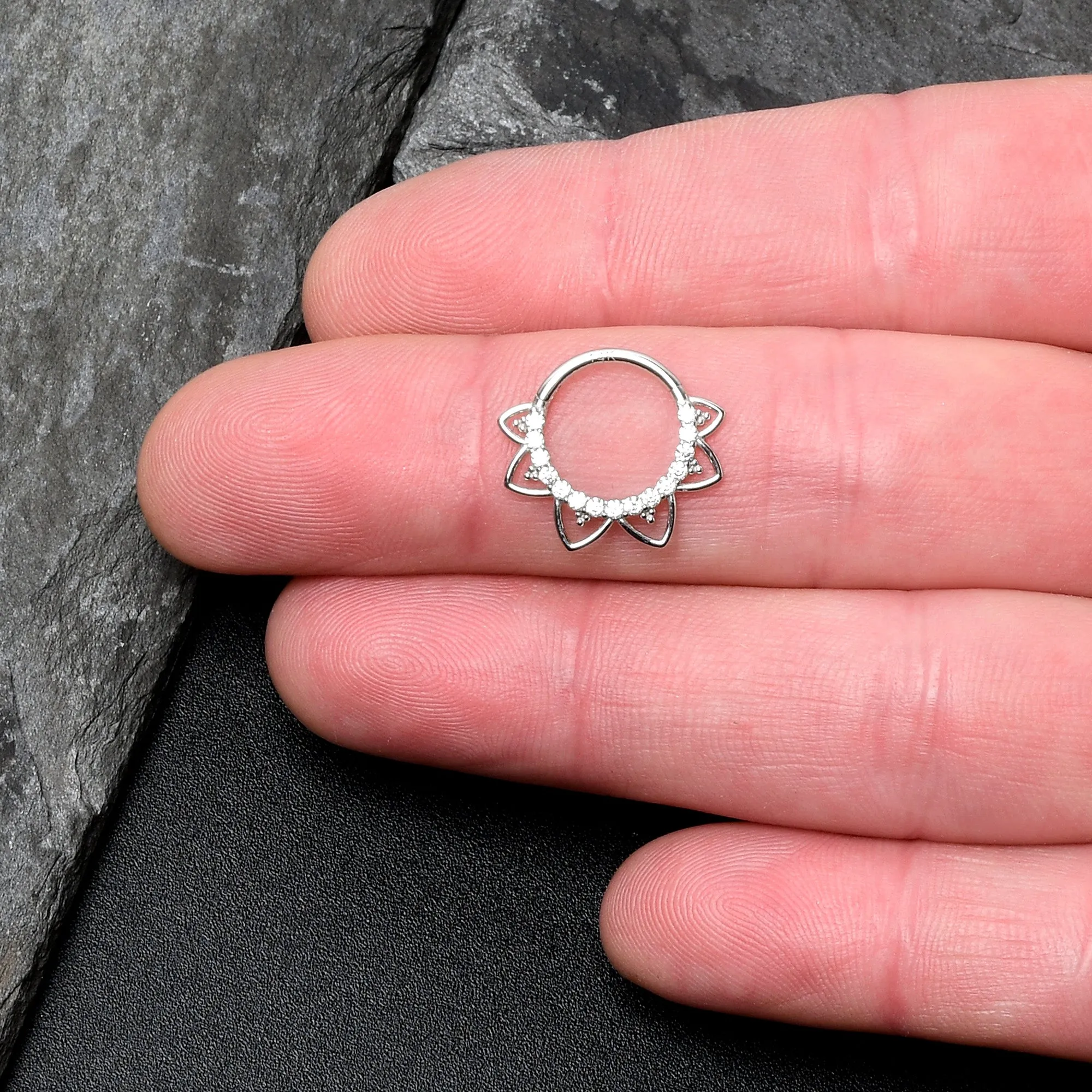 16 Gauge 3/8 Clear CZ Gem 14kt White Gold Filigree Hinged Segment Ring