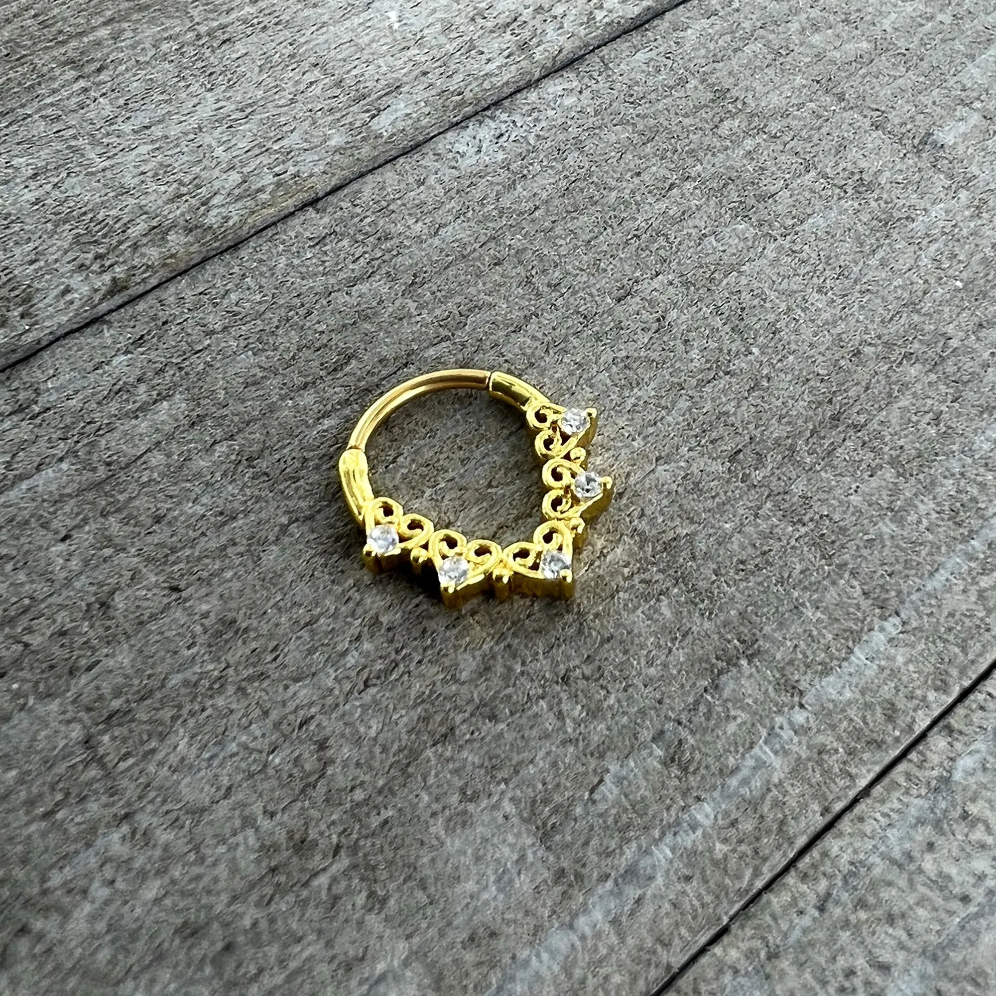 16 Gauge 3/8 Clear CZ Gem Gold Tone Heart Filigree Cartilage Clicker