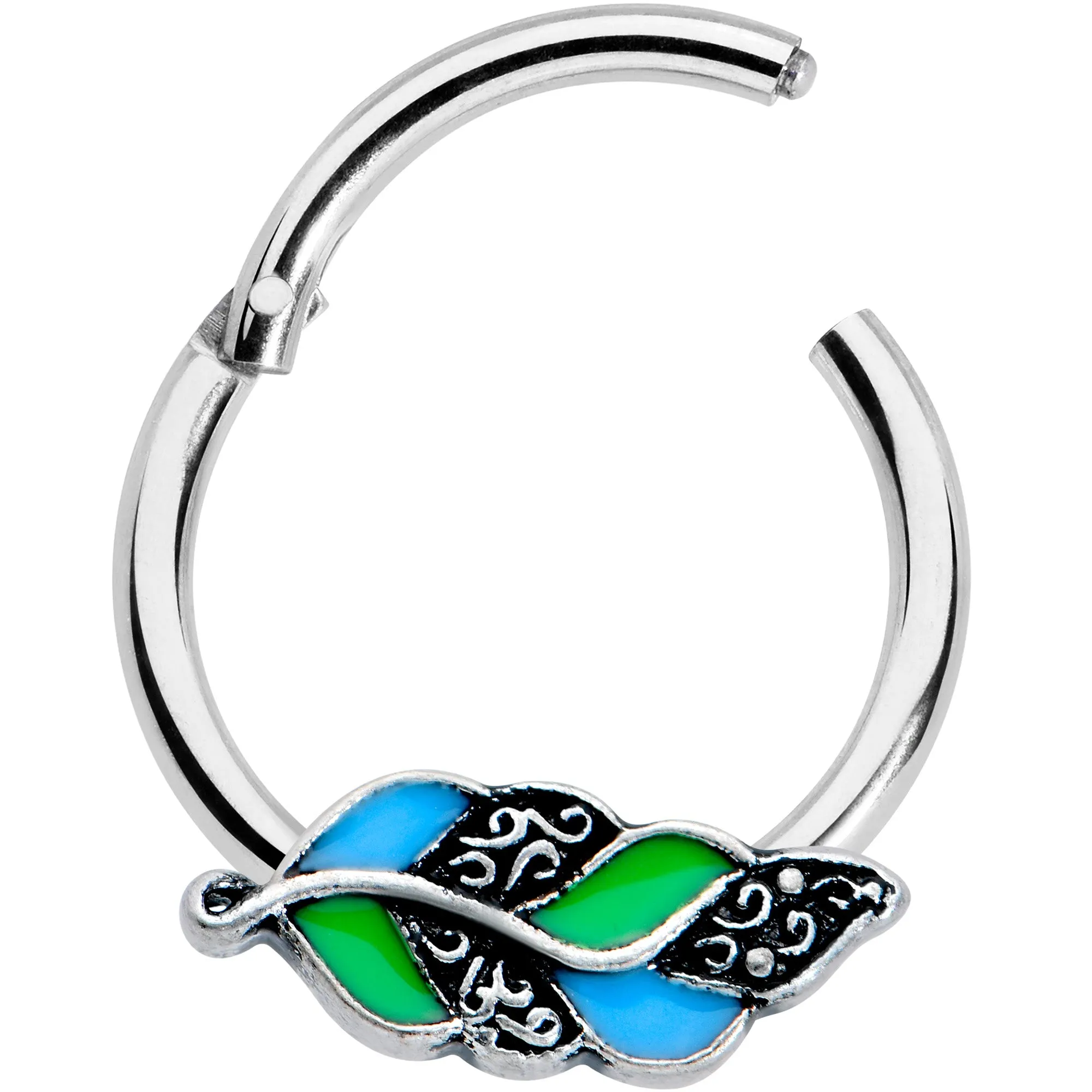 16 Gauge 3/8 Filigree Blue Green Leaves Hinged Segment Ring