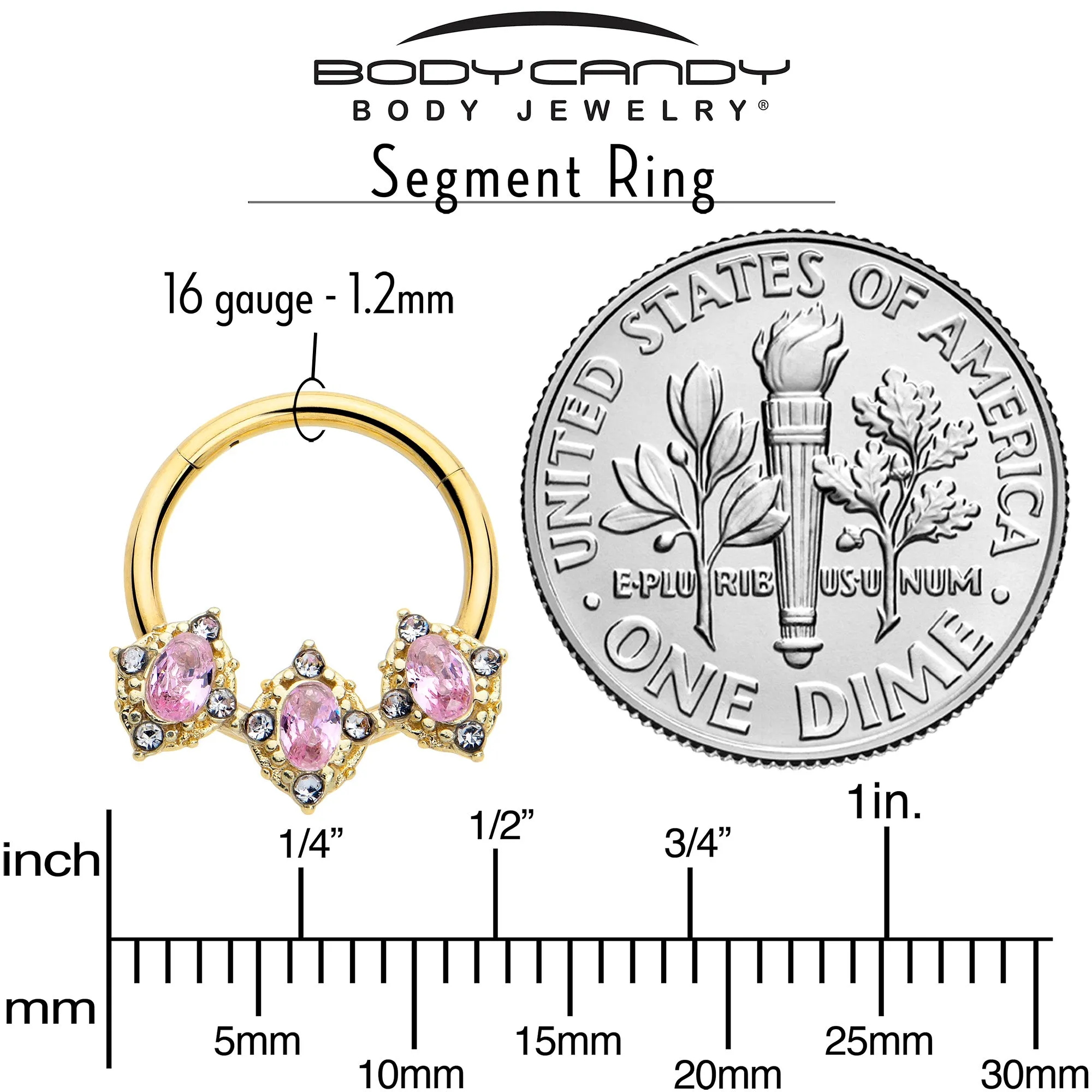 16 Gauge 3/8 Pink Tourmaline Gold Tone Wondrous Trio Hinged Segment Ring