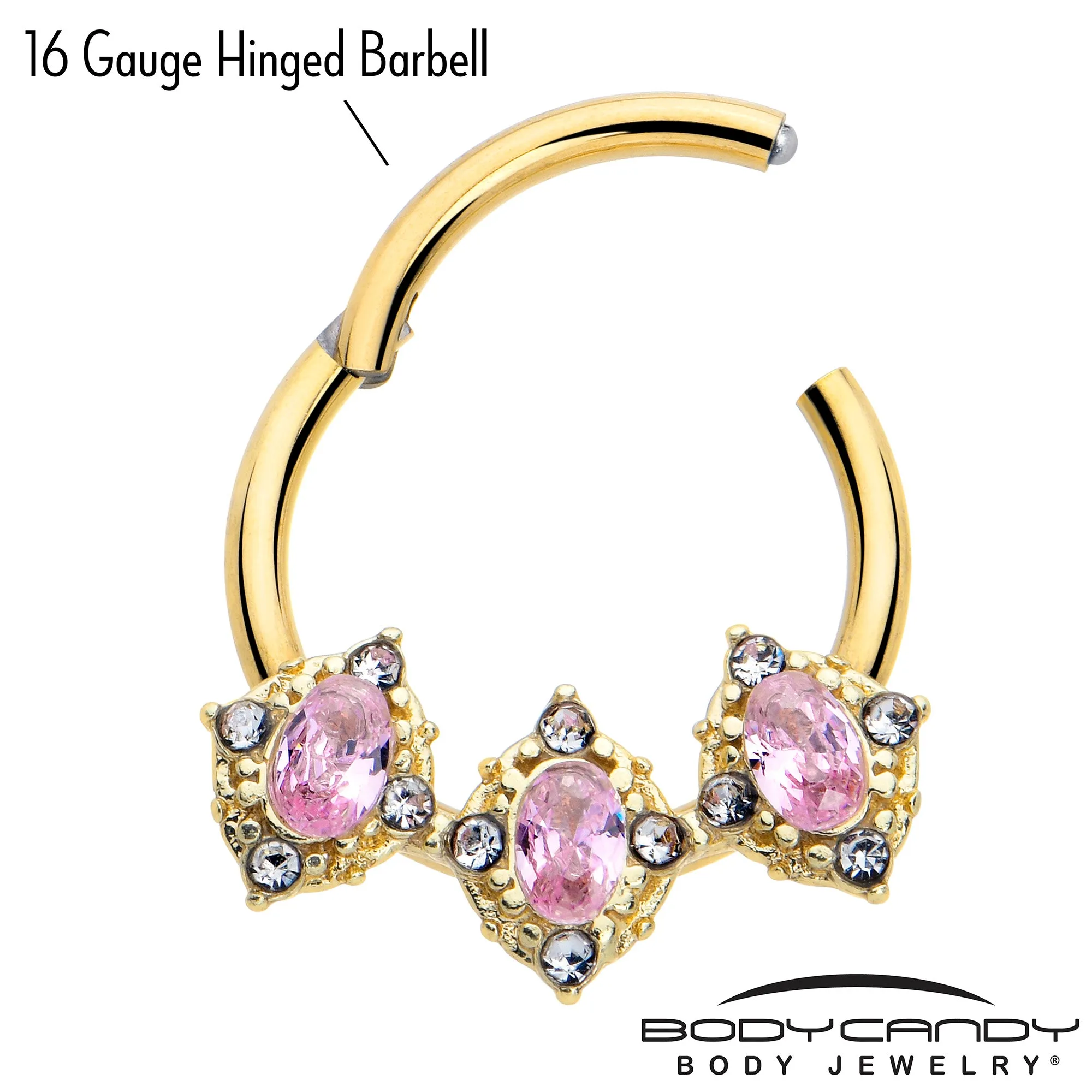 16 Gauge 3/8 Pink Tourmaline Gold Tone Wondrous Trio Hinged Segment Ring