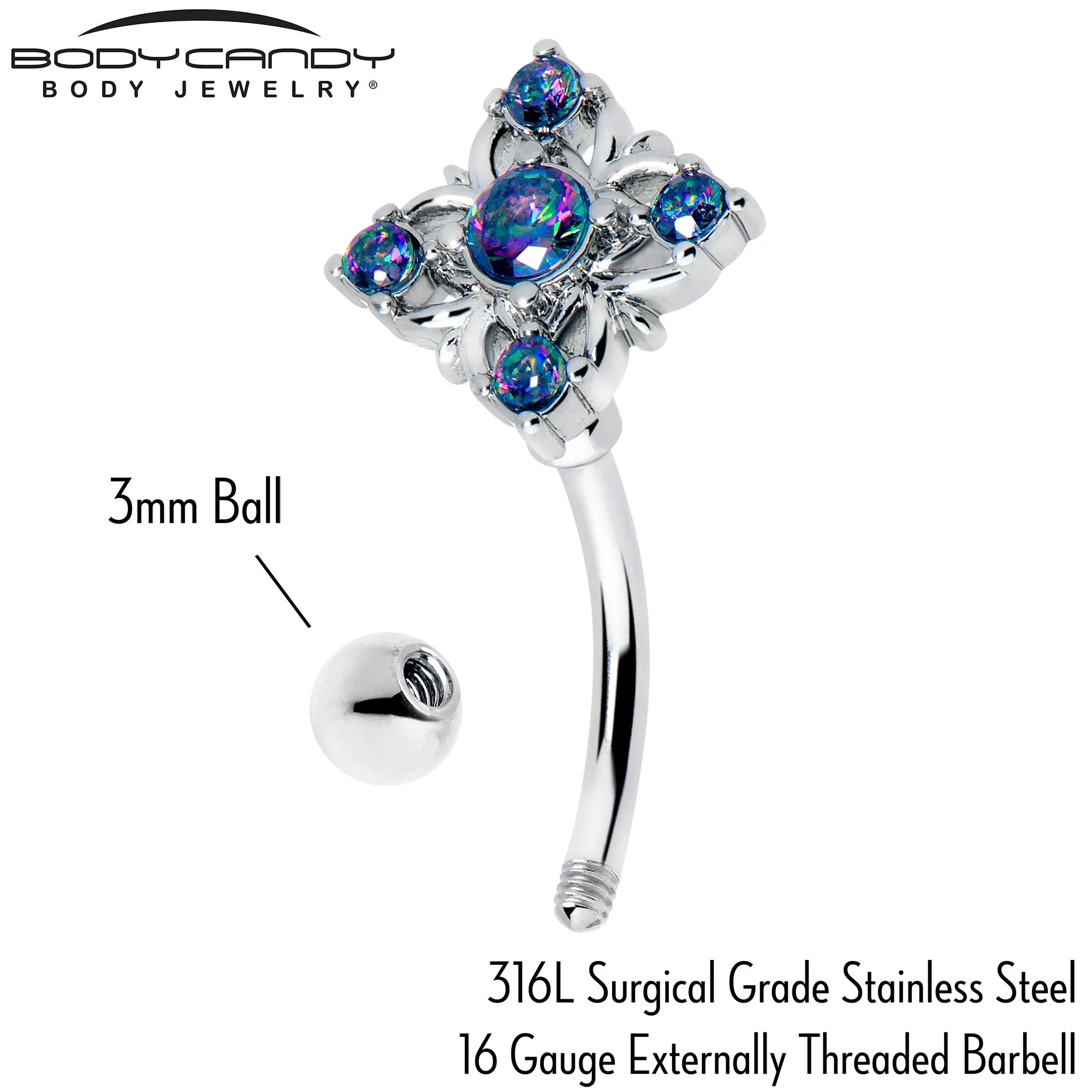16 Gauge 5/16 Vitrail CZ Gem Beauty Cross Curved Eyebrow Ring