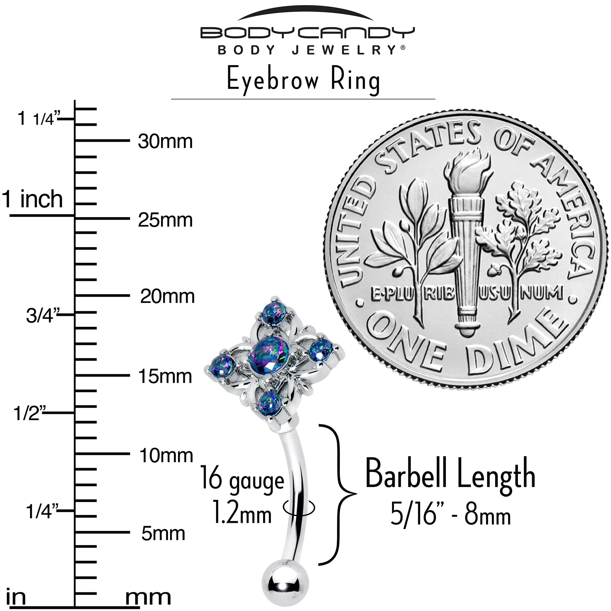 16 Gauge 5/16 Vitrail CZ Gem Beauty Cross Curved Eyebrow Ring