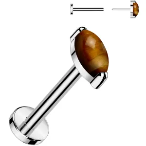 18 Gauge 5/16 Natural Tigers Eye Oval Medical Grade Titanium Flat Back Earring