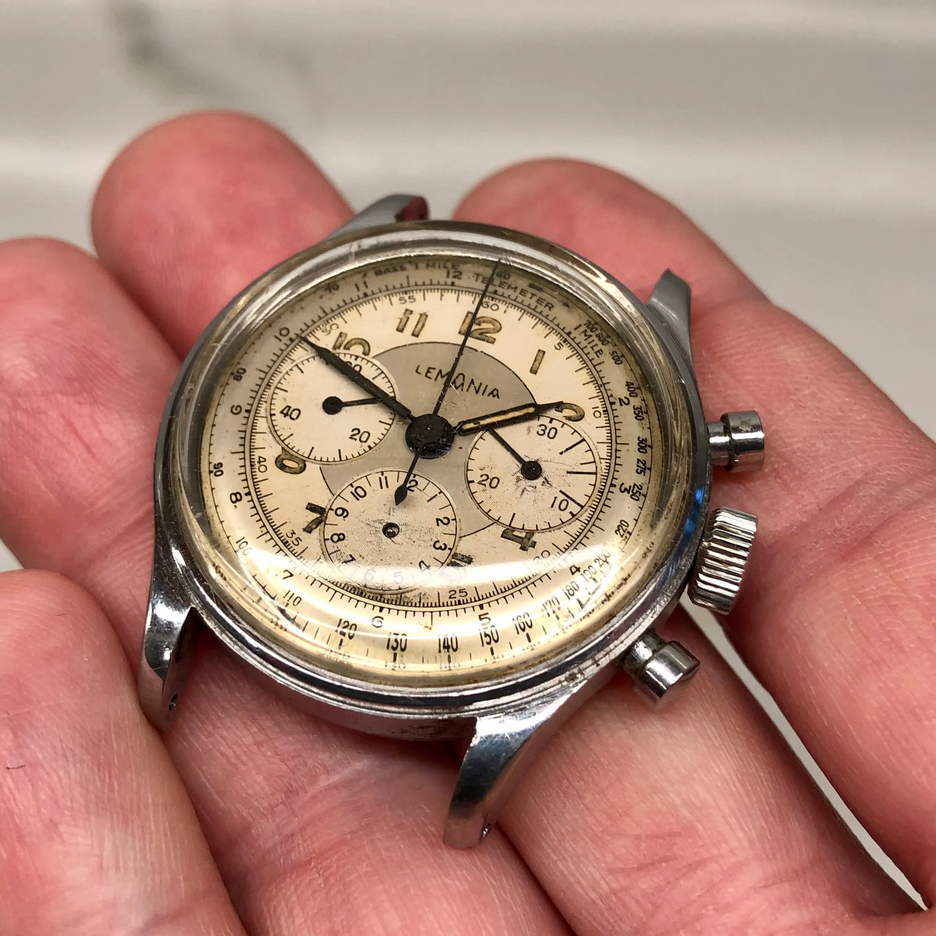 1950s Lemania Multiscale Dial 27CH Stainless Steel Chronograph Wristwatch