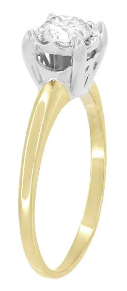 1950's Mixed Metals Illusion Solitaire Vintage Style 0.61 Carat Diamond Engagement Ring in 14 Karat Two Tone Yellow & White Gold