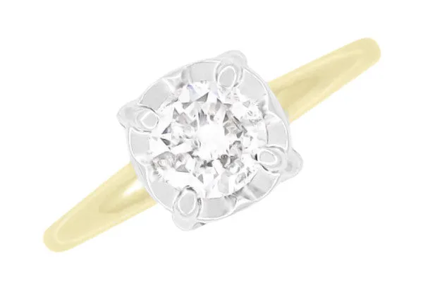 1950's Mixed Metals Illusion Solitaire Vintage Style 0.61 Carat Diamond Engagement Ring in 14 Karat Two Tone Yellow & White Gold