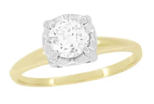 1950's Mixed Metals Illusion Solitaire Vintage Style 0.61 Carat Diamond Engagement Ring in 14 Karat Two Tone Yellow & White Gold