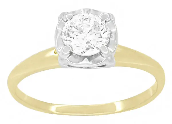 1950's Mixed Metals Illusion Solitaire Vintage Style 0.61 Carat Diamond Engagement Ring in 14 Karat Two Tone Yellow & White Gold