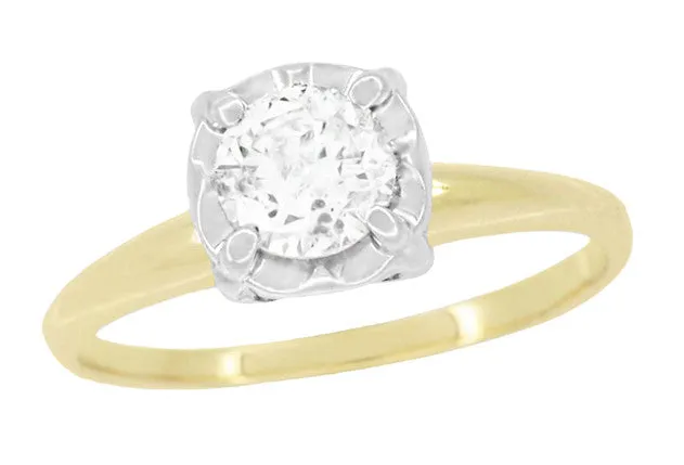 1950's Mixed Metals Illusion Solitaire Vintage Style 0.61 Carat Diamond Engagement Ring in 14 Karat Two Tone Yellow & White Gold