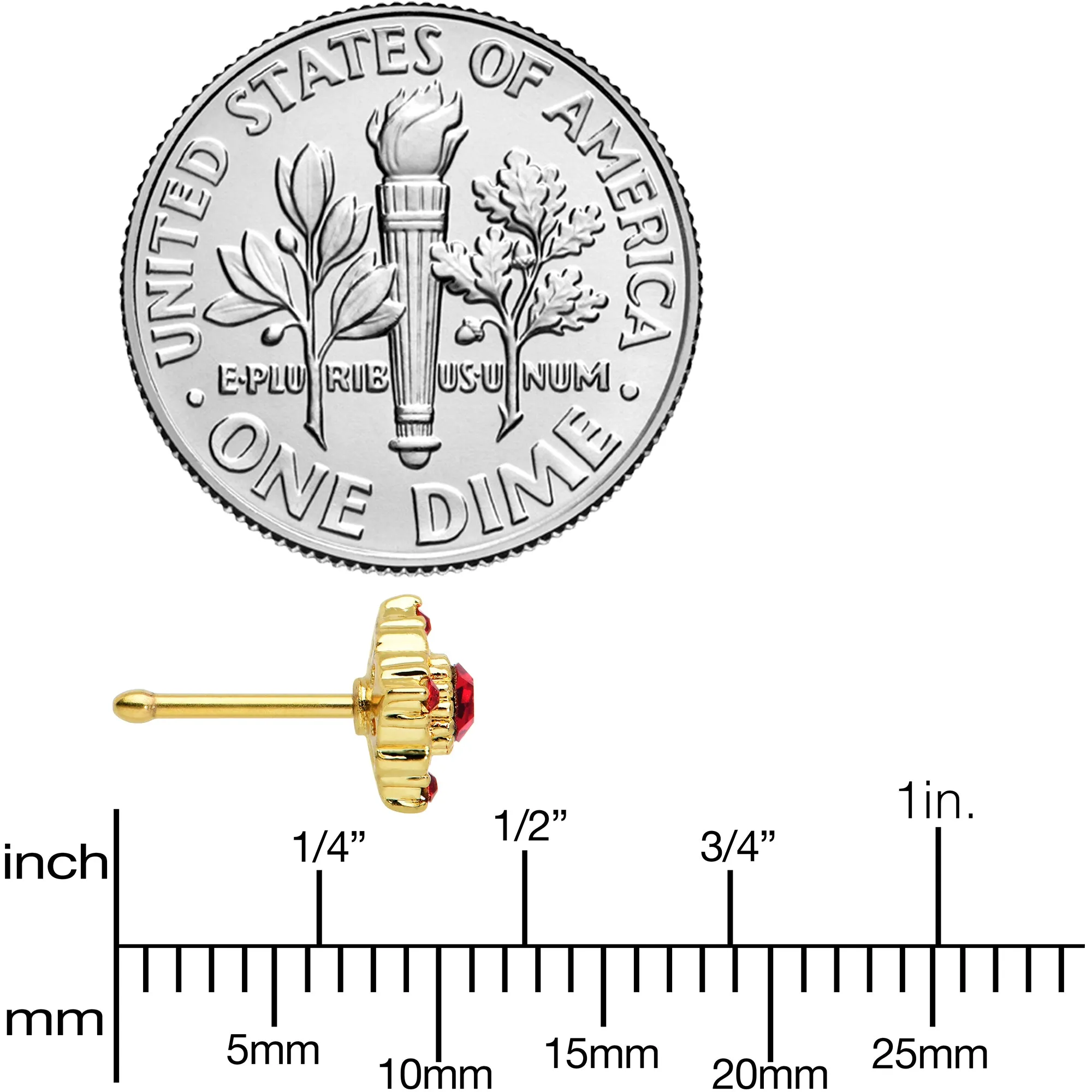 20 Gauge 1/4 Red Gem Gold Tone Regal Rhombus Nose Bone