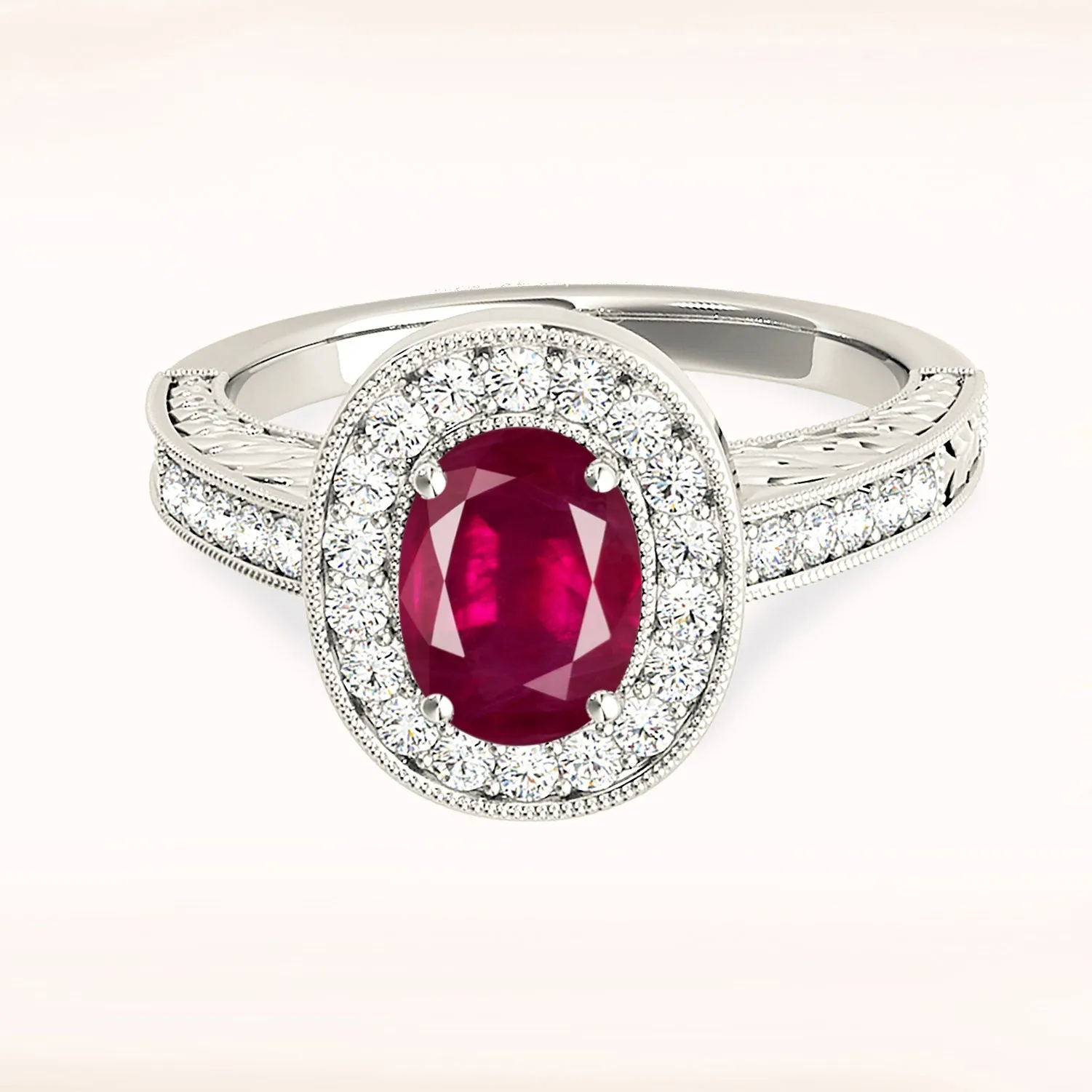 2.10 ct. Genuine Oval Ruby Ring with  Halo And Filigree Diamond Band
