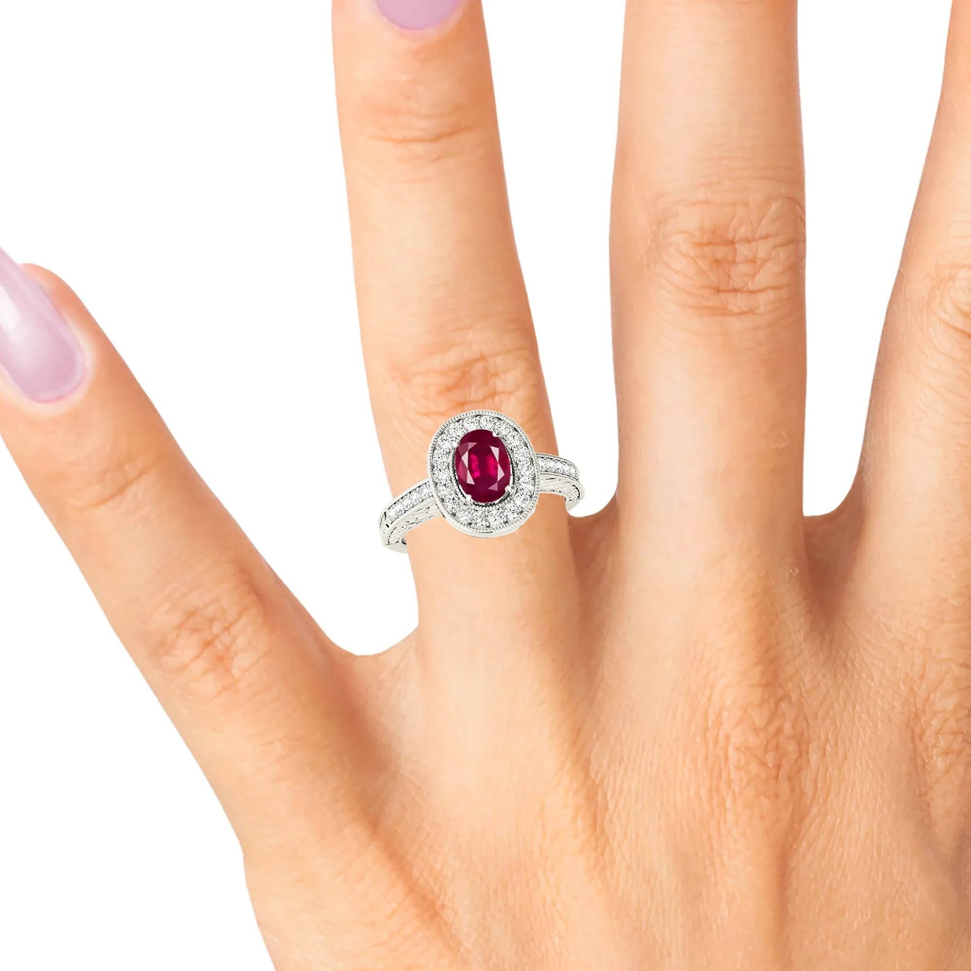 2.10 ct. Genuine Oval Ruby Ring with  Halo And Filigree Diamond Band