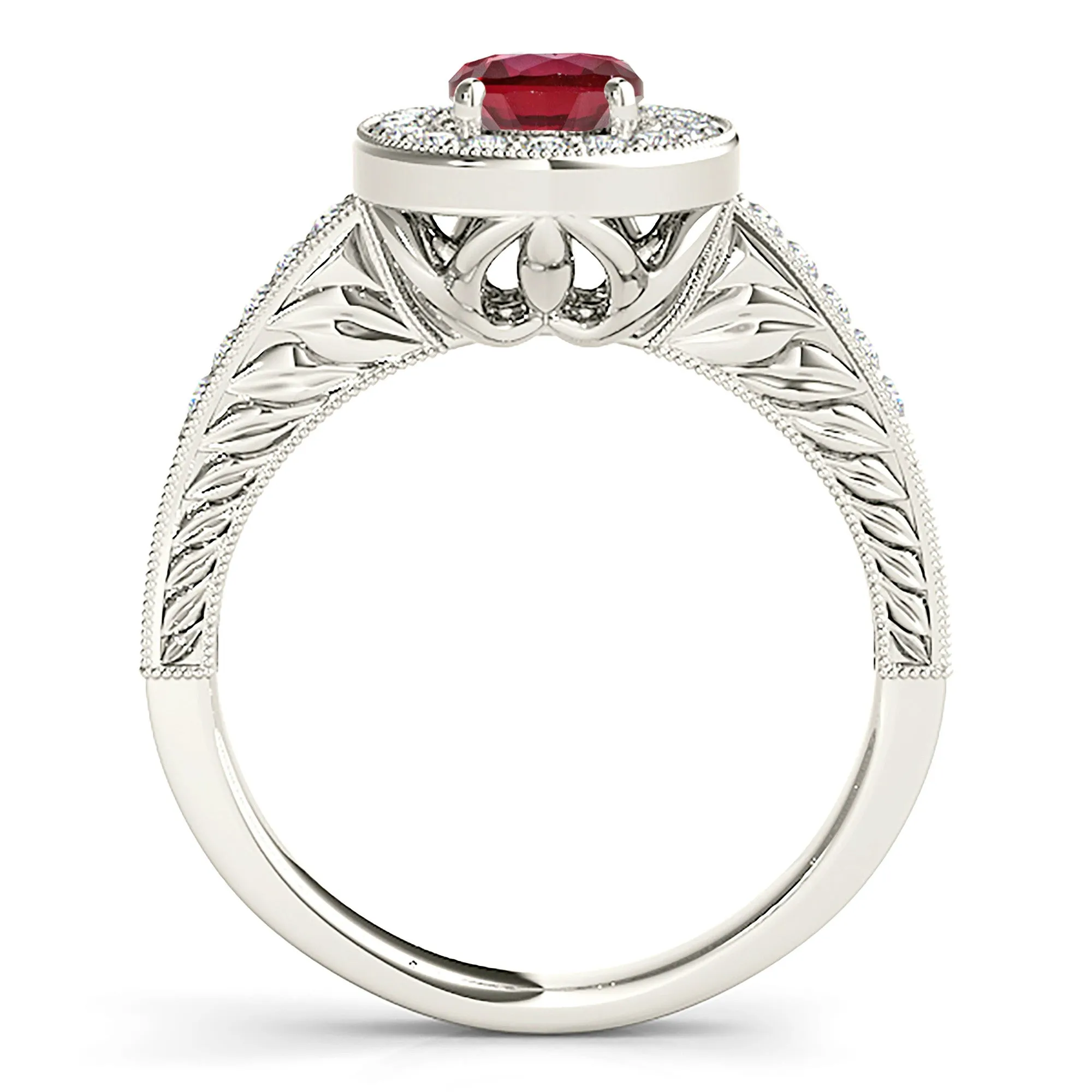 2.10 ct. Genuine Oval Ruby Ring with  Halo And Filigree Diamond Band