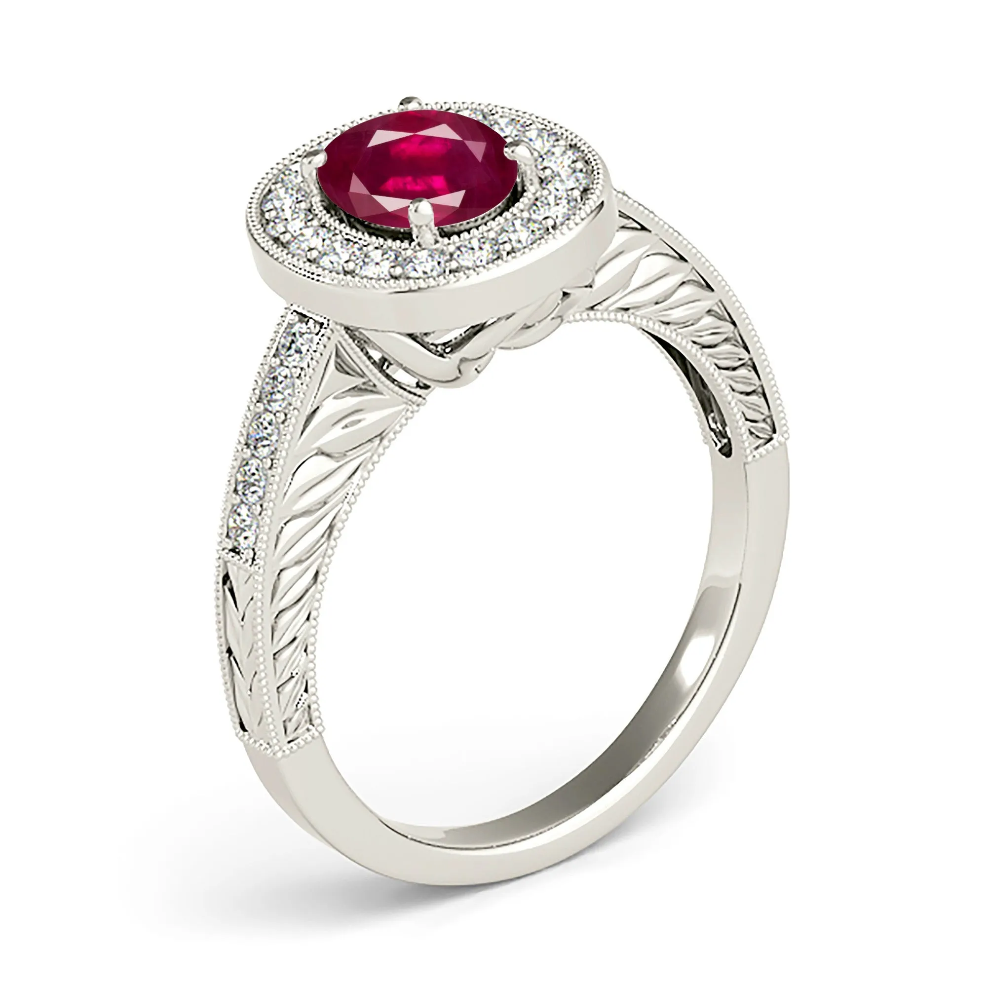 2.10 ct. Genuine Oval Ruby Ring with  Halo And Filigree Diamond Band