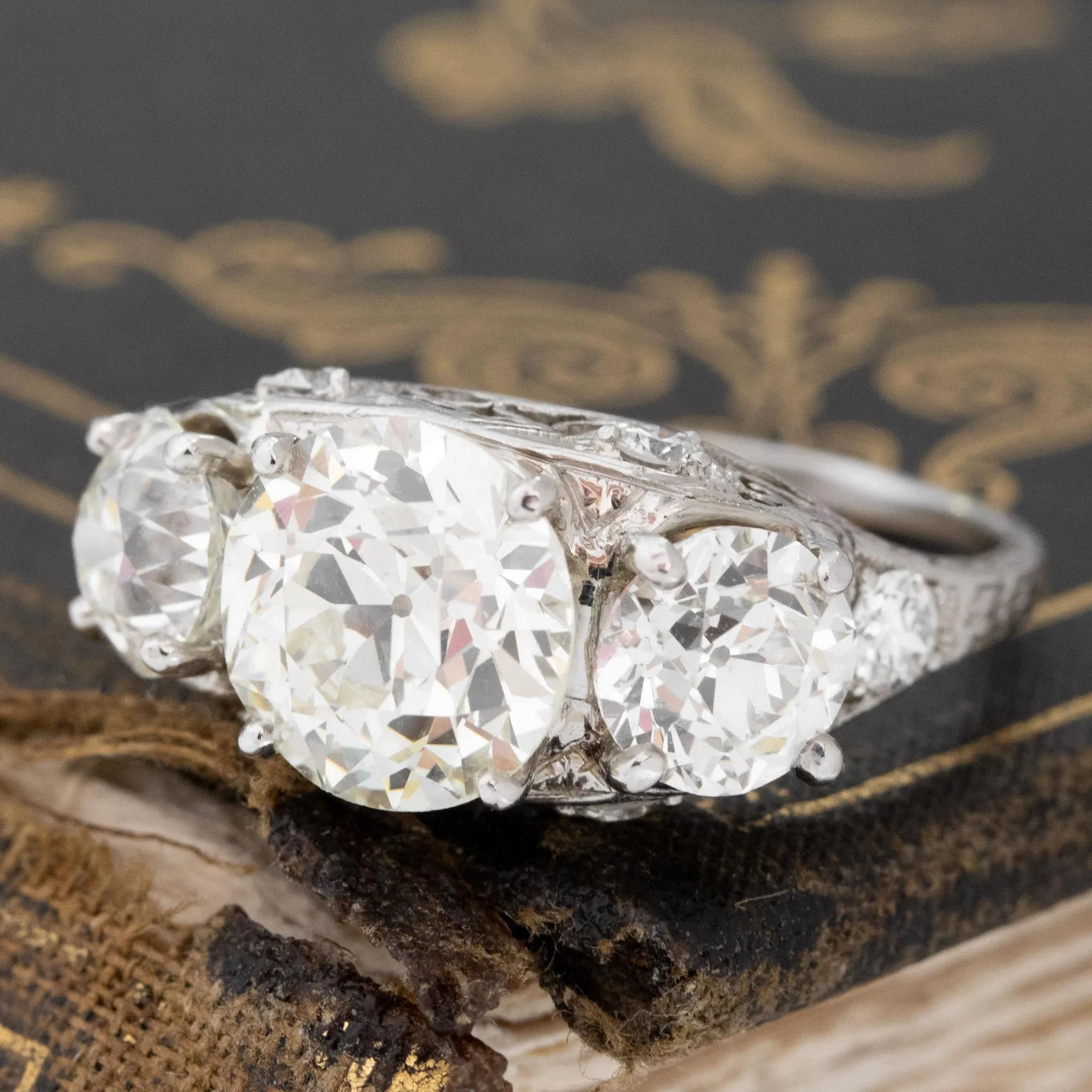 5.34ctw Old European Cut Diamond Trilogy Ring, GIA