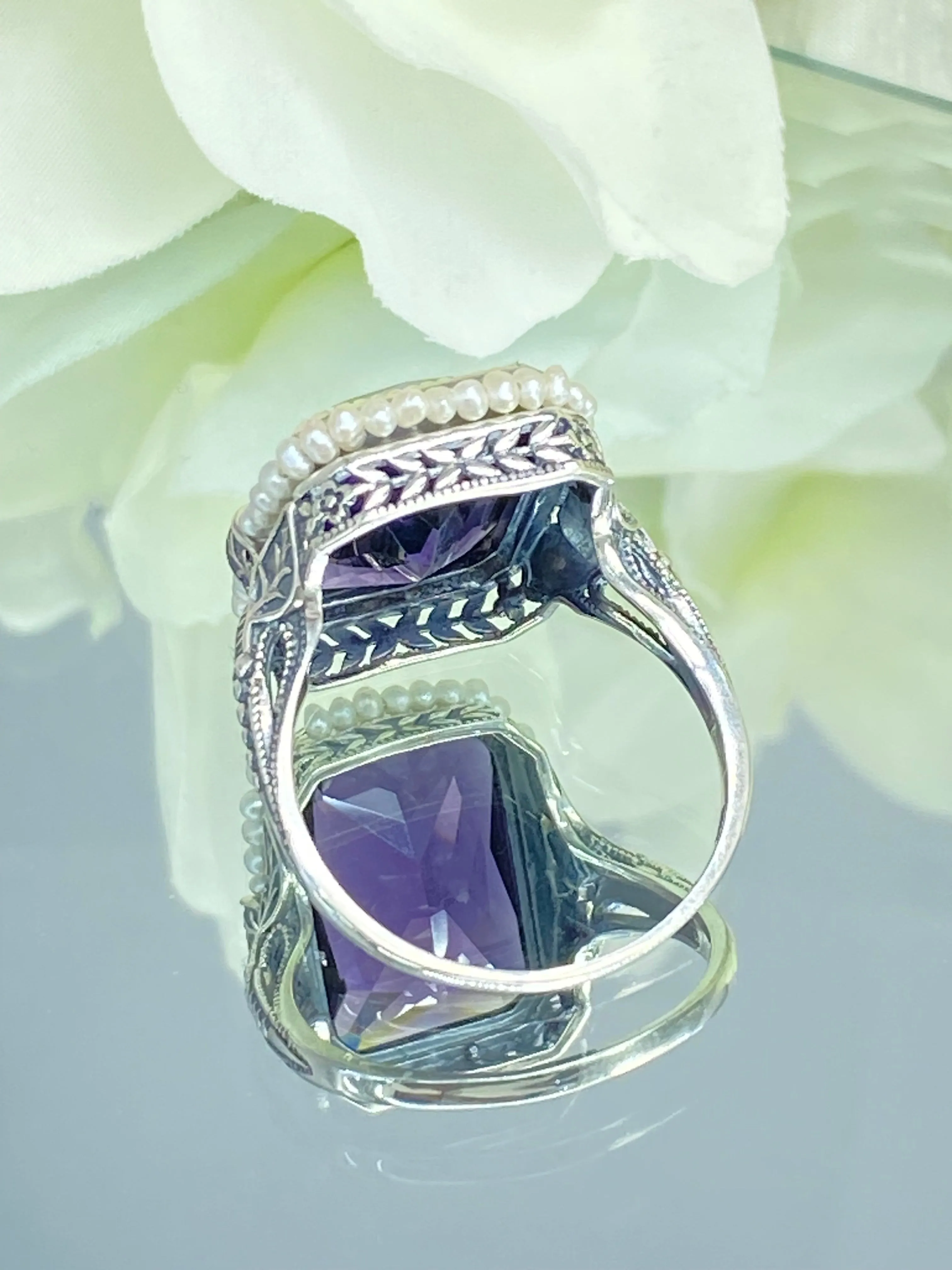 Amethyst Ring, Size 11, Seed Pearl Frame, Silver Leaf Filigree, Victorian Jewelry #D234 - Ready to Ship