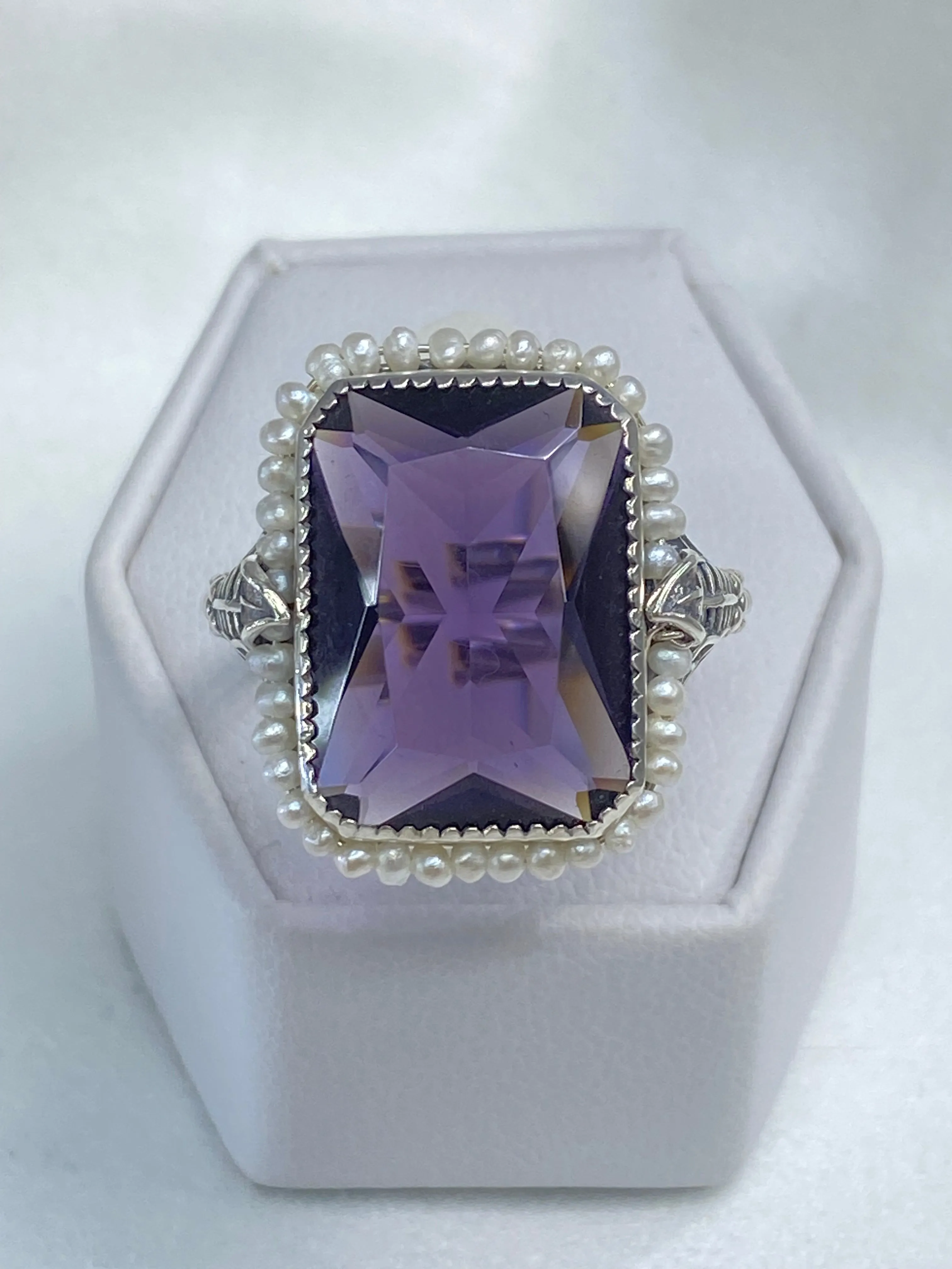 Amethyst Ring, Size 11, Seed Pearl Frame, Silver Leaf Filigree, Victorian Jewelry #D234 - Ready to Ship